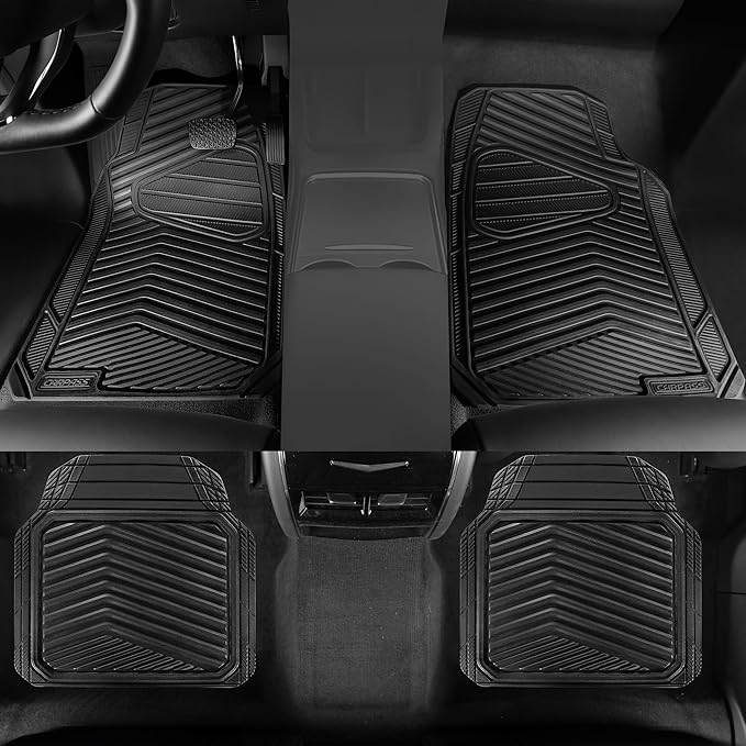 CAR PASS Rubber Car Mats, Waterproof Car Floor Mats All Weather,Car Mat Full Set 4 Pieces, Automotive Floor Mat Trim to Fit for Cars Sedans SUVs Trucks, Anti-Slip Easy Clean, All Black