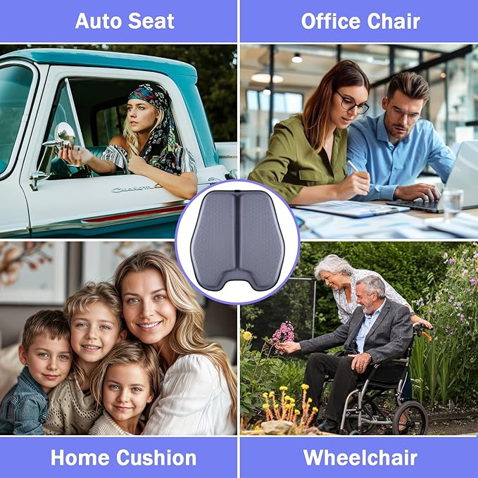 Soft Thin Gel Seat Cushion for Car Seat, Office Chair, Wheelchair, Stadium - Non-Slip Car Seat Cushions with 1 Inch Gel - Sciatica & Tailbone Pain Relief (Blue Gray)