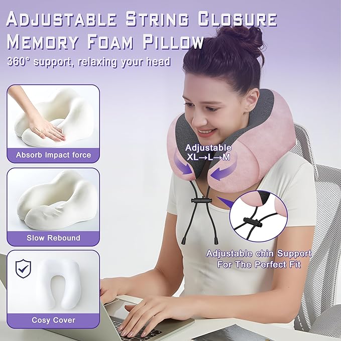 Phent zari Neck Travel Pillow, Upgraded Memory Foam Pillow for Airplane, Machine Washable, Adjustable Flight Pillow, Suitable for Sleeping Airplane, Car, Office and Home (Pink)