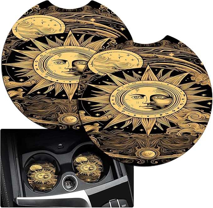 JANENFNA Car Armrest Cover Pads Universal Fashion Cute Auto Center Console Armrest Cover Pad with 2PCS Car Coasters Soft Waterproof Car Armrest Seat Protector for Women,Stargazing Sun and Moon
