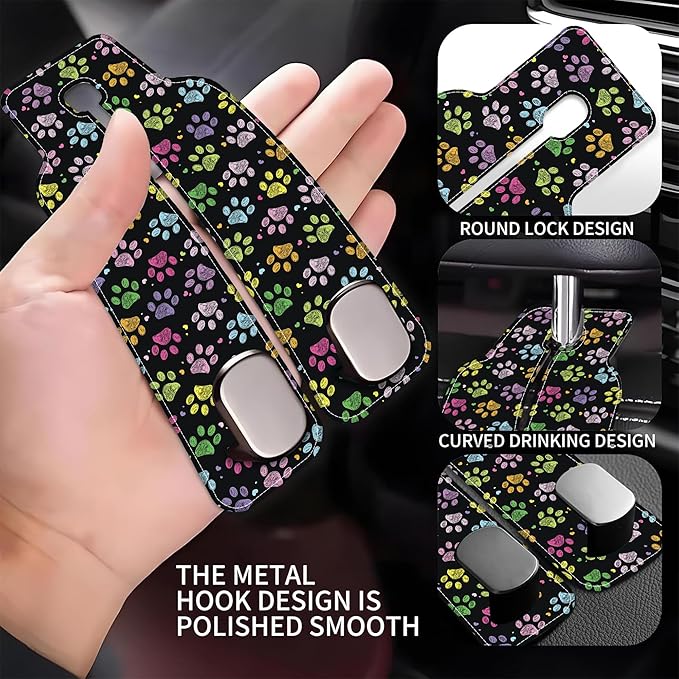 AEWNUNK Car Headrest Purse Hanger Colorful Paw Prints 1 Pack Bag Purse Holder for Car Premium Leather Double Metal Hook for Handbags, Grocery Bags and Phones