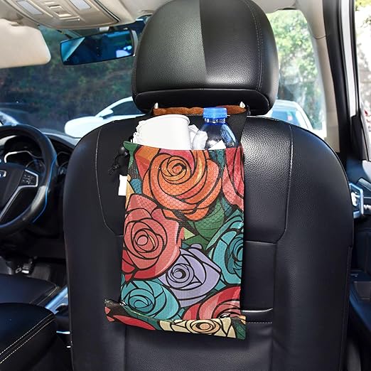ALAZA Hanging Car Trash Bags Garbage Bag Trash Can for Back Seat Small Roses Abstract Washable Storage Bag Retractable 2 Pack