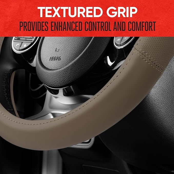 Motor Trend Soft Touch Leather Beige Steering Wheel Cover with Grooves, Advanced Traction Universal Fit for Standard Sizes 14.5 15 15.5 inches