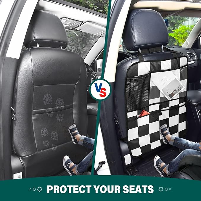1 Pack Back Seat Car Organizer with Storage Pockets Kick Mats Back Seat Protector Hanging Car Organizer Automotive Seat Back Cover Organizers Checkered Black and White