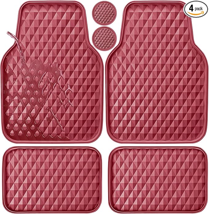 CAR PASS Deep Dish Rubber Car Floor Mats All Weather Protection - Heavy Duty Waterproof Auto Floor Mats Universal Fit for Sedan SUV Truck - Anti-Slip 3D Rhombus, 4 Pieces (Burgundy)