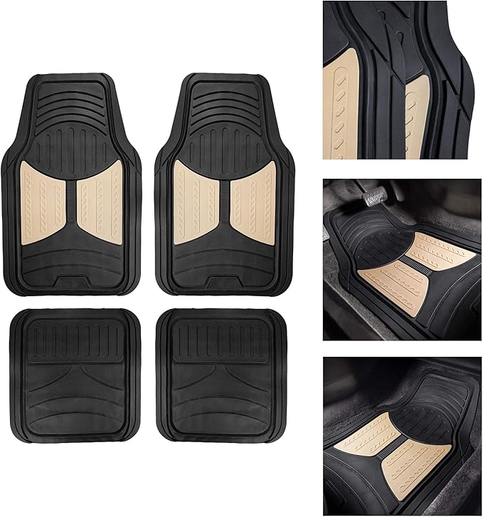 Automotive Floor Mats Climaproof for All Weather Protection Universal Fit Heavy Duty Rubber Fits Most Cars, SUVs, and Trucks, Full Set Trim to Fit FH Group Beige