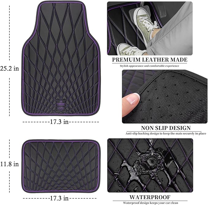CAR PASS Faux Leather Floor Mats for Cars, Luxury Waterproof All Weather Car Mats Full Set, Anti-Slip Deluxe Automotive Mats Universal Fit for Most SUV Vans Sedans Trucks, 4 Piece Black and Purple
