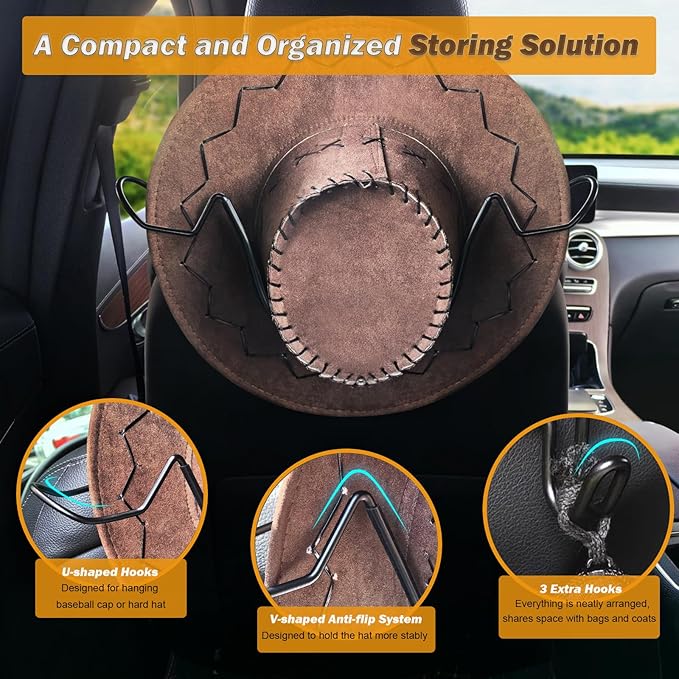 Cowboy Hat Holder Rack for Truck Car SUV Hard Hats Stand Western Accessories for Men Women Travel Automotive Seat Back Storage Organizer Hardhat Hanger with Hooks Gifts for Most Hats