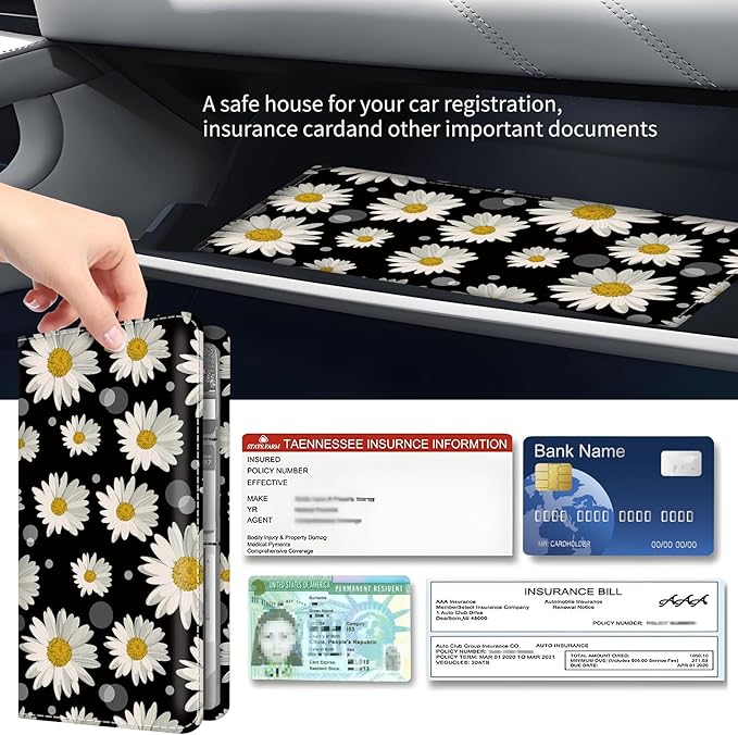 BAUCIWLD Premium Car Registration and Insurance Card Holder, Cute PU Leather Car Document Holder, Vehicle Glove Box Car Organizer with Magnetic Closure for Driver License, Cards White Daisy