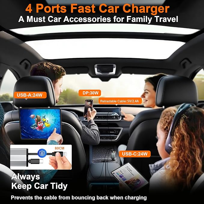 OneFish Starlight Fast Car Charger, 4 in 1 Cigarette Lighter Chargers with USB Type C Ports Retractable Cord Display, for iPhone 17 16 15 14 Pro Max Plus/iPad, Car Truck Essentials Gift for Women Men
