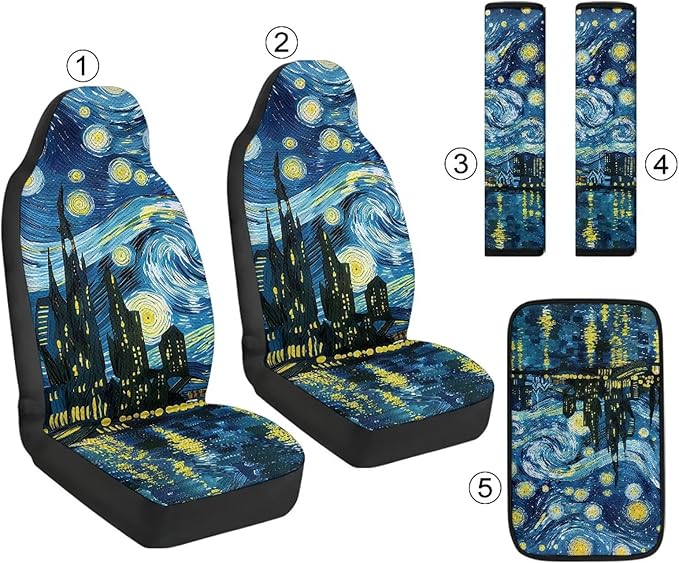 Qeluxign Starry Night Car Seat Cover Set with Armrest Cover Cushion PU Automotive Car Cover and Seat Belt Shoulder Straps Pad, Universal Fit for Truck Sedan SUV, Pack of 5