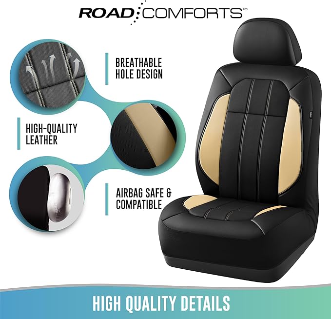Road Comforts Car Seat Covers, Breathable Leather Seat Covers, Car Seat Covers Front Seats Airbag Compatible, Automotive Seat Covers for Most Cars, Vans, Trucks, SUV - Beige