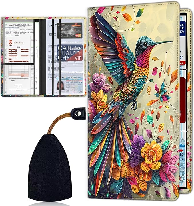 Car Registration and Insurance Card Holder for Women Men, Waterproof PU Leather Glove Box Car Organizer with Magnetic Shut, Vehicle Document Holder for Driver License,Cards, Colorful Hummingbird