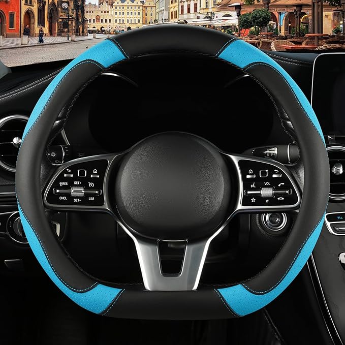 Binsheo Microfiber Leather D Shaped Steering Wheel Cover, Breathable, Anti Slip, Universal 15 inch, Black with Blue