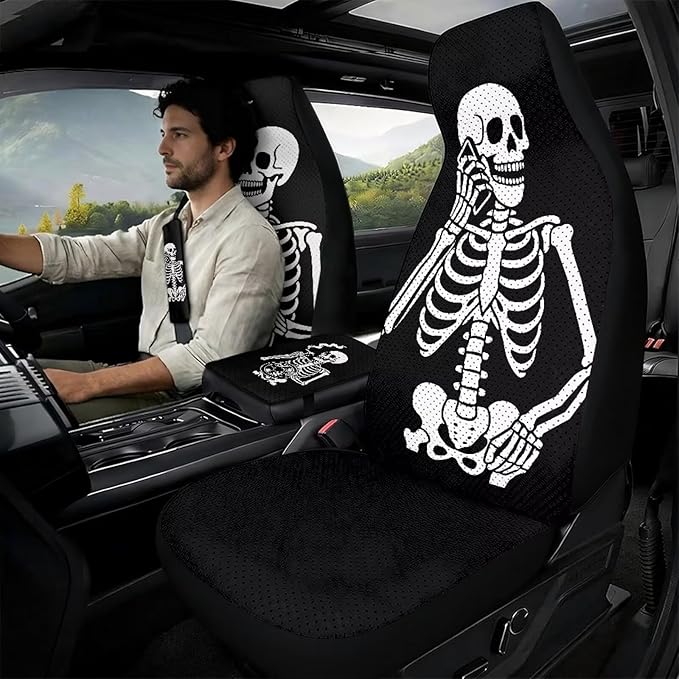 Qeluxign Funny Skeleton Automotive Seat Covers 5 Piece Universal Fit Car Accessories with Soft 2 Pack Seat Belt Cover Pads and Center Console Armrest Covers for SUV Truck Interior Set