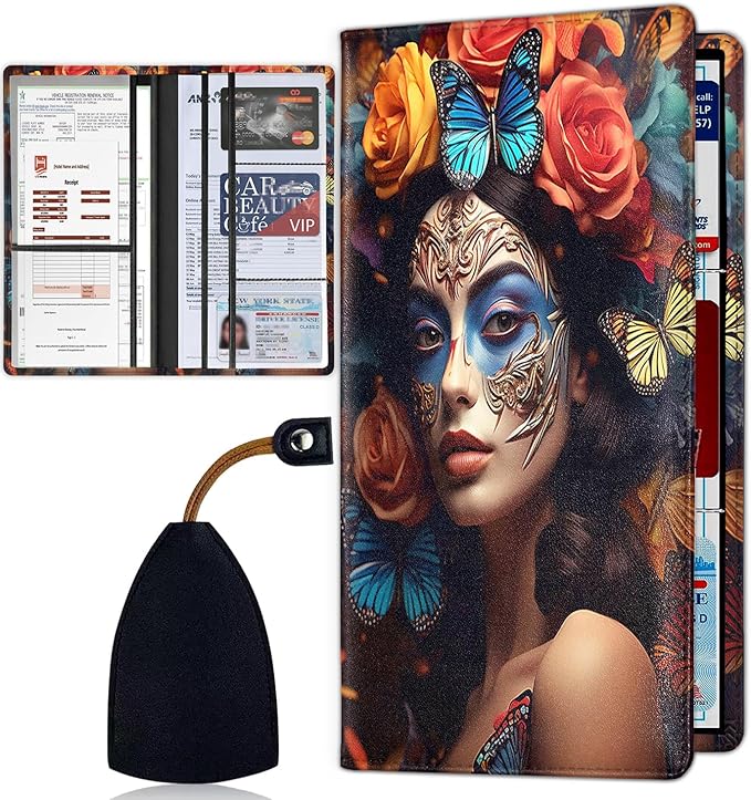 Car Document Holder with Magnetic Shut, Car Registration & Insurance Card Holder, Waterproof PU Leather Glove Box Organizer Vehicle Accessories Driver License for Women/Men, Butterfly Rose Girl
