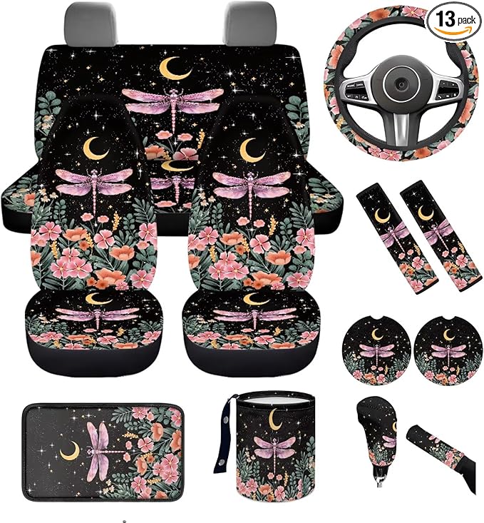 Dngkaoje 13 Pack Flower Dragonfly Car Seat Covers Full Set,Universal Front and Rear Split Bench Seat Covers for Cars Cute Dragonfly Print Hanging Trash Bag,Seatbelt Shoulder Pads,Armrest Cushion Pad