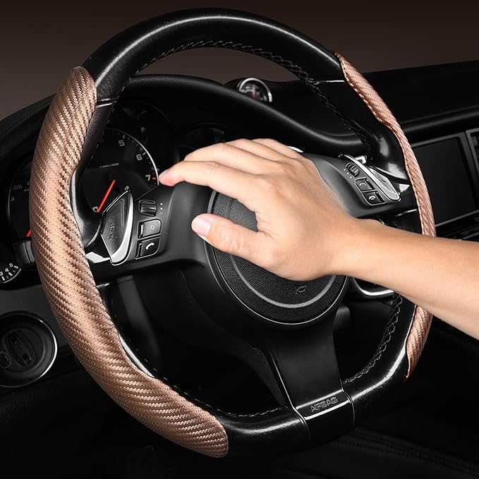 CAR PASS Carbon Fiber Steering Wheel Cover, Segmented Wheel Protector Non-Slip Sporty Car Accessories, Universal Fit for D-Shape O-Shape 14.5" to 16" Steering Wheels for Men Women, 2pcs Brown Carbon
