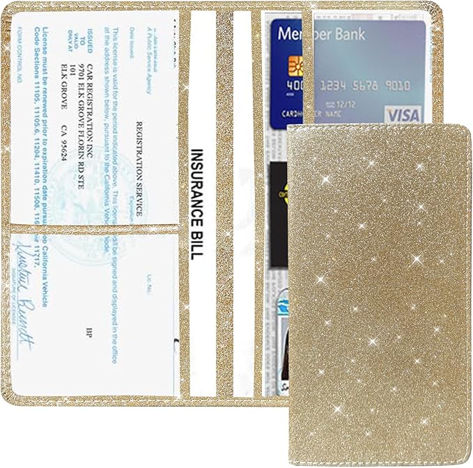 Vehicle Glove Box Car Organizer, Car Registration and Insurance Holder, Insurance Card Holder for Cars, Leather Card Holder Interior Auto Accessories for Women (Glitter-Gold)
