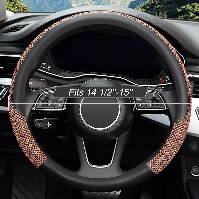 KAFEEK Steering Wheel Cover, Universal 15 inch, Microfiber Leather Viscose, Breathable, Anti-Slip,Warm in Winter and Cool in Summer, Black&Brown