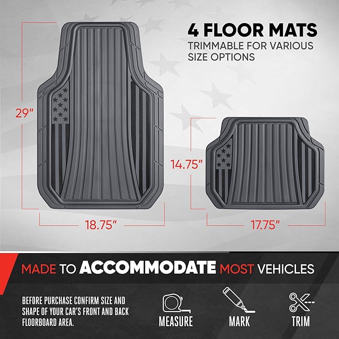 MotorTrend Black Flag Rubber Floor Mats – All Weather Car Mats with American Flag Stars & Stripes Design, Heavy-Duty Automotive Floor Mats for Cars, SUVs & Trucks Grey/Black