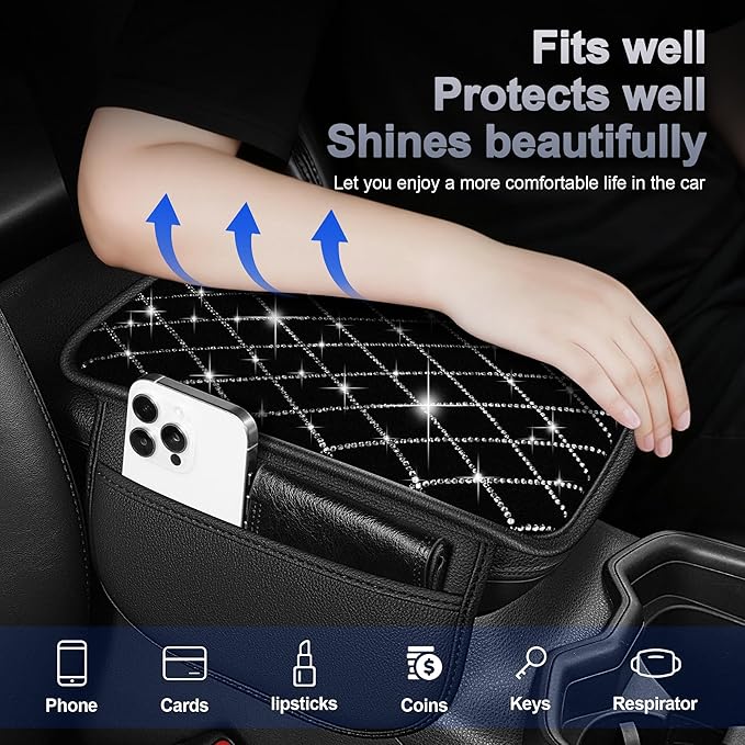 Bling Center Console Cover Fit for Infiniti M 2012-2013: with Quilting Pattern Crystal Rhinestone Automotive Armrest Cushion-Stylish Diamond Arm Rest Protection Mat(Black)