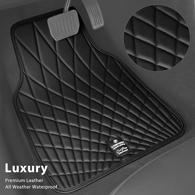 CAR PASS Faux Leather Floor Mats for Cars, Luxury Waterproof All Weather Car Mats Full Set, Anti-Slip Deluxe Automotive Mats Universal Fit for Most SUV,Vans,Sedans,Trucks, 4 Piece All Black