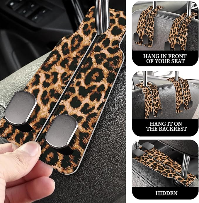 AXRQLSU PU Leather Car Seat Hook, Storage Headrest Hanger, Cute Car Backseat Organizer, Car Hooks For Purses and Bags Brown Leopard Print
