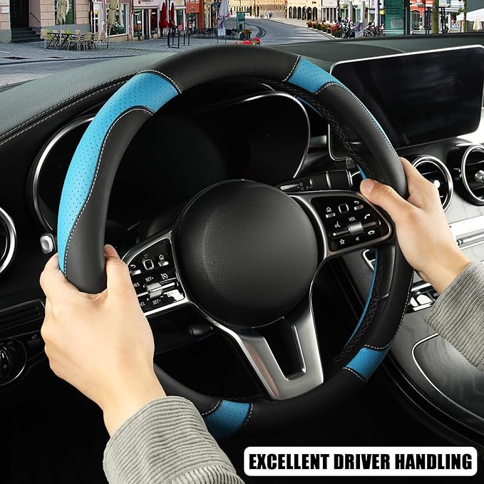 Binsheo Microfiber Leather Steering Wheel Cover Large Size for Ford F150 F250 F350 F450 RAM 4Runner Tacoma Tundra Sequoia Model S Model X, Breathable, Anti Slip, 15.5 inch to 16 inch, Black with Blue