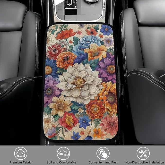Bulopur Hippie Flower Armrest Cover Car Center Console Cover Easy to Install Car Armrest Cushion Flannel Protector Protect from Pet Claws Thickened Fit for Most Cars, Vehicles, SUVs