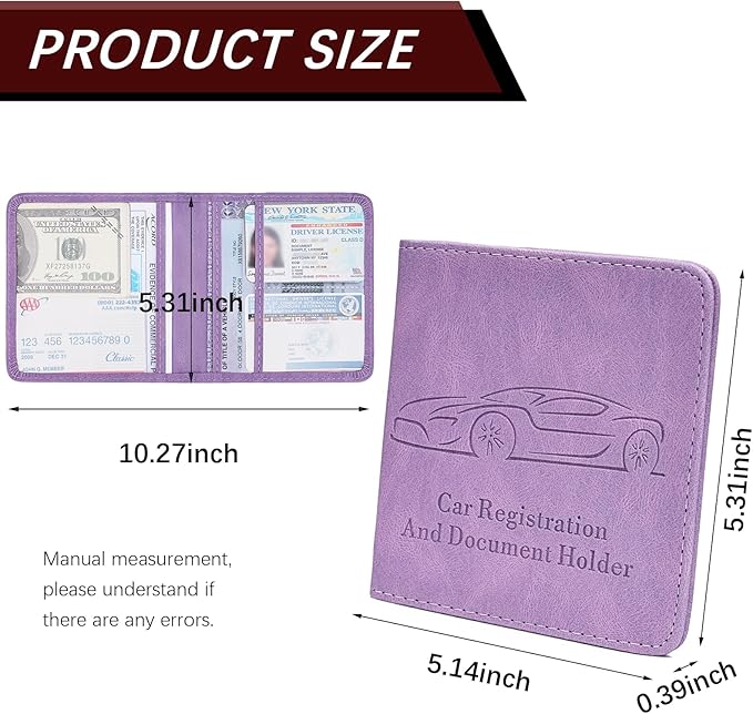 Car Registration and Insurance Holder, Vehicle Glove Box Car Organizer with Magnetic Closure for Documents, Cards, License Car Organization, 1-Pack Purple