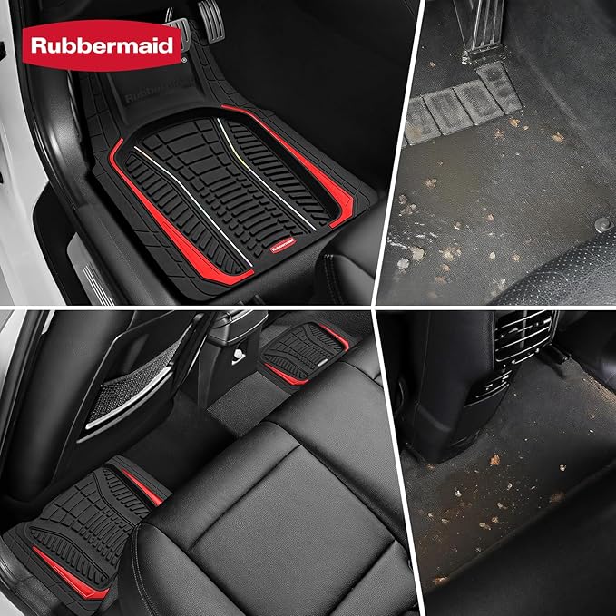 Rubbermaid Car Floor Mats Full Set – Premium All-Weather Car Mat with Brushed Aluminum Inserts, Universal Trim-to-Fit Design, Anti-Slip Backing for Cars, SUVs, Trucks, and Vans