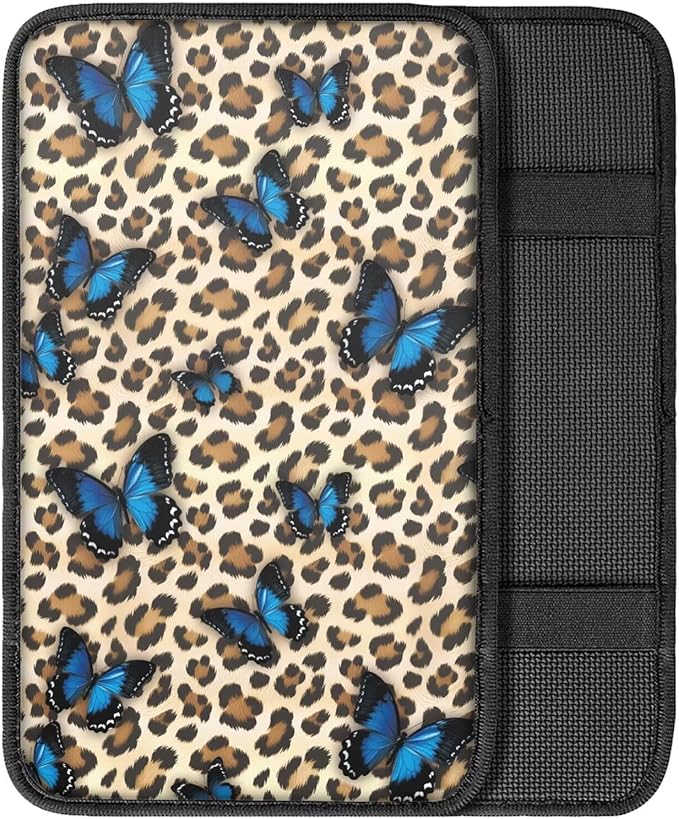Butterfly Leopard Car Armrest Cover Pad for Women Girls Non Slip Cheetah Print Center Console Cushion Dustproof Car Armrest Box Protector Cover Breathable Soft
