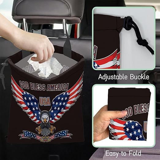 NHNXHWIA Bald Eagle Car Trash Bag,American Flag Hanging Drawstring Car Garbage Bag, Waterproof Canvas Car Back Seat Organizer with Adjustable Buckle, for Vehicles, SUVs, Camping, Road Trips