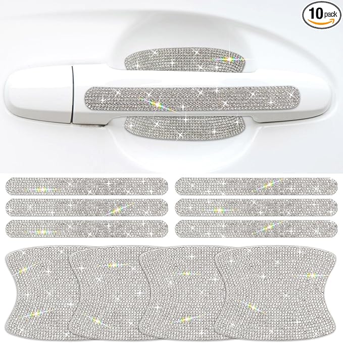 Gengki 10PCS Car Door Handle Bling Rhinestones Stickers Universal Auto Door Handle Scratch Cover Guard Protective Film Pad Sliver