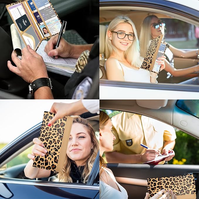 FinestHouse Car Registration and Insurance Holder with Magnetic Closure, Universal Document Organizer for License, Insurance Cards & Glove Box Storage (Leopard-Brown)