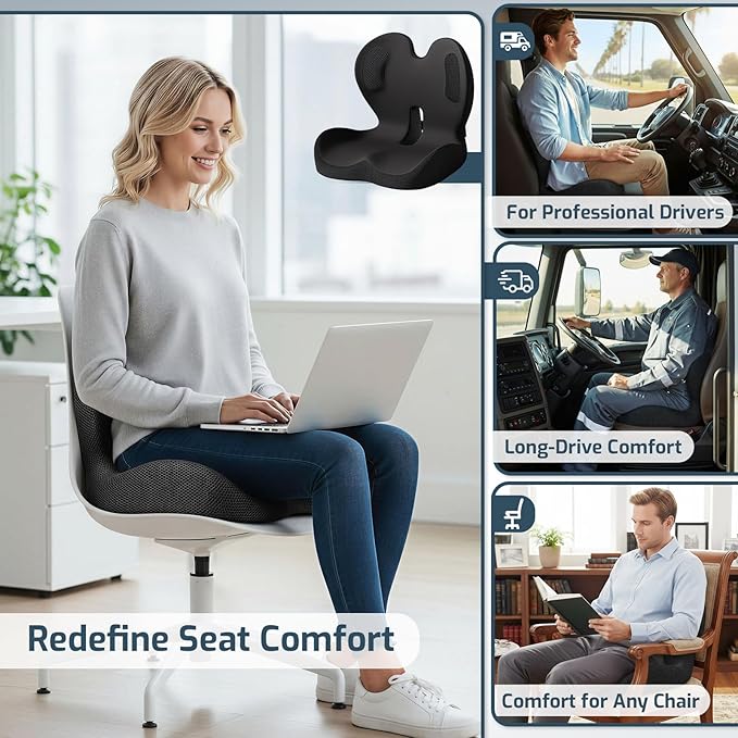 Office Chair Cushions with Lumbar Support Pillow, Soothe Back and Seat Cushion Memory Foam, Non Slip Adjustable Strap for Lower Back Pain Sciatica Relief Office Workers Car Drivers (Black+Ice Silk)