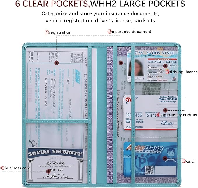 Peisicne Car Registration and Insurance Card Holder for Women Men, Blue Glove Box Paperwork Organizer with Magnetic Buckle for Easy Access and Protect Documents and Various Cards in Vehicle