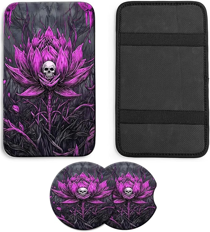 JANENFNA Car Armrest Cover Pads Universal Fashion Cute Auto Center Console Armrest Cover Pad with 2PCS Car Coasters Soft Waterproof Car Armrest Seat Protector for Women,Pink Flower Skull
