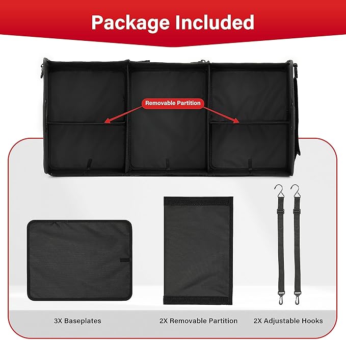 Simple Deluxe Car Trunk Organizer, Multi Compartments Collapsible Trunk Storage, Anti-slip, Waterproof 600D Oxford Polyester, with Adjustable Straps for SUV, Truck, Large Size, Black, 2 Pack