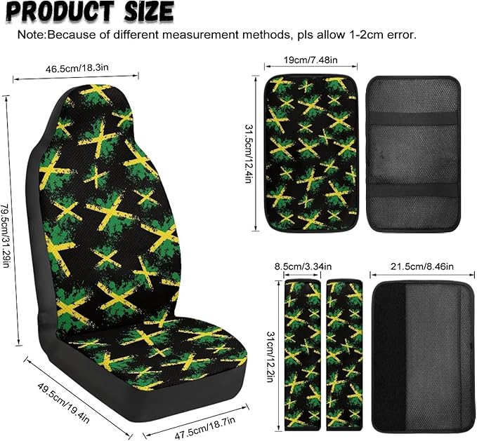 FUSURIRE Jamaica Flag 5 Pcs PU Front Seat Covers, Seat Belt Covers & Center Armrest Pad for Car SUV Truck Car Interior Accessories