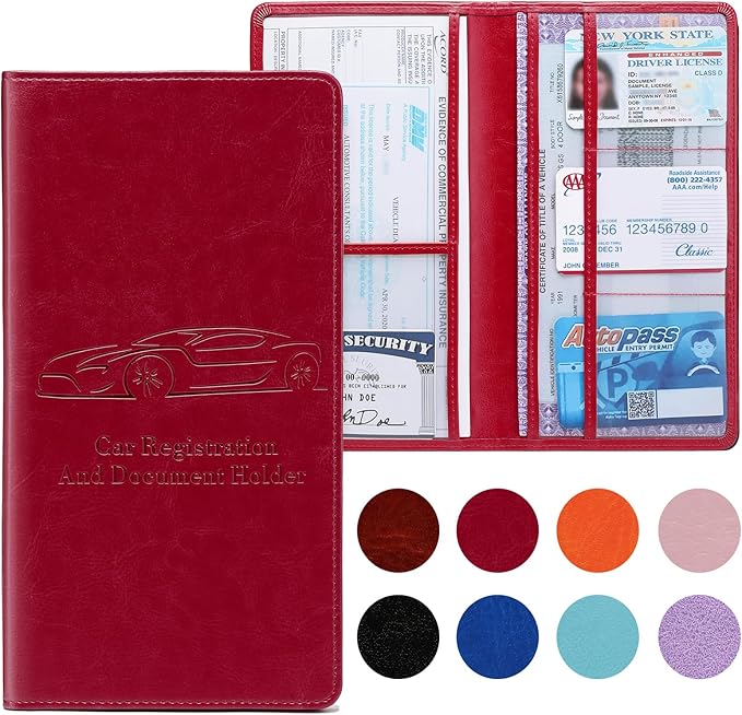 Peisicne Car Registration and Insurance Card Holder for Women Men, Red Glove Box Paperwork Organizer with Magnetic Buckle for Easy Access and Protect Documents and Various Cards in Vehicle