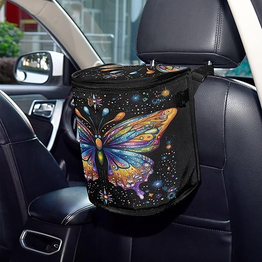 MNSRUU Car Trash Can with Lid, Multi-Color Butterfly Starlight Car Trash Bag Hanging Organizers and Storage for Front Back Seat, Leak-Proof Trash Bin