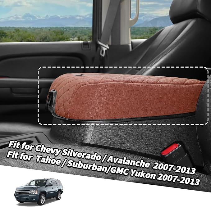 Jimen Car Center Console Cover Pad Fit for Chevy Silverado/Avalanche/Tahoe/Suburban 2007-2013, Leather Armrest Cover Fit for GMC Yukon 2007-2013 (Brown)