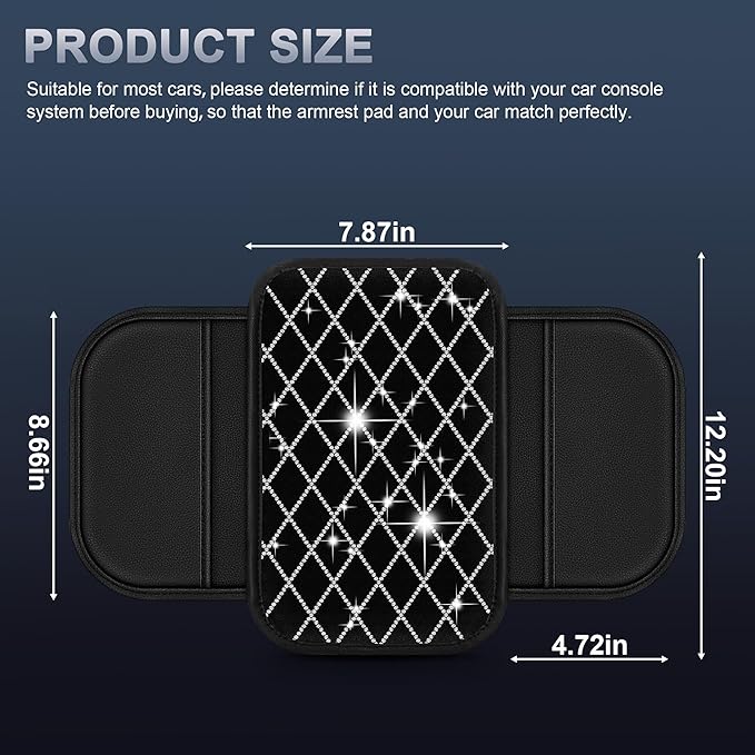 Bling Center Console Cover Fit for Nissan Armada 2017-2025: with Quilting Pattern Crystal Rhinestone Automotive Armrest Cushion-Stylish Diamond Arm Rest Protection Mat(Black)