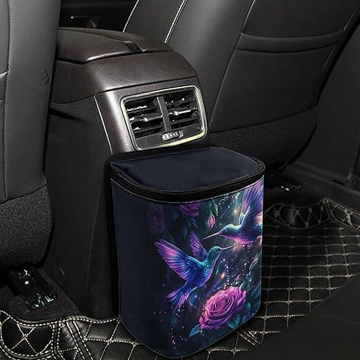 Hummingbird Car Trash Can with Lid Garbage Bag Dustbin Container Purple Rose Waste Basket Storage Pocket Hanging Large Capacity Vehicle Trash Bin