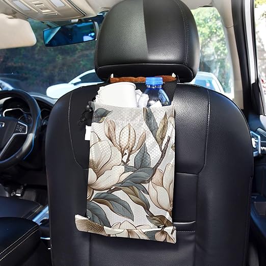 ALAZA Hanging Car Trash Bags Garbage Bag Trash Can for Back Seat Small Mangnolia Flower Washable Storage Bag Retractable 2 Pack