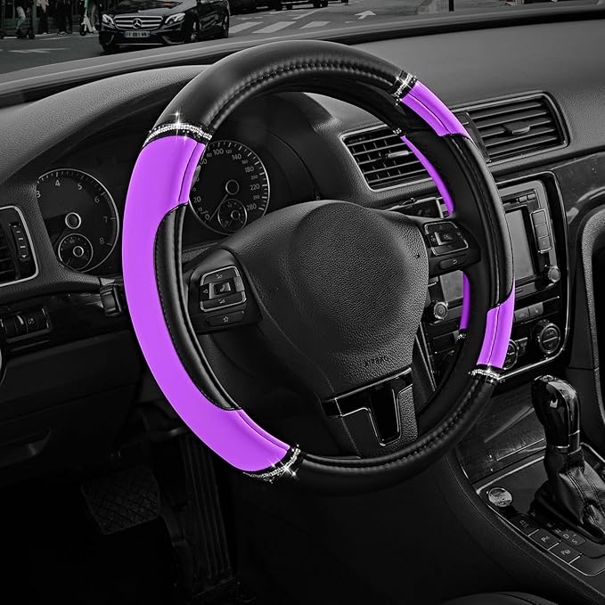 Road Comforts Leather Steering Wheel Cover - Made with PVC Leather - Anti-Slip, Universal Fit 14 1/2 inches to 15 inches - Purple