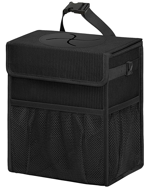 HORJONES Corduroy Car Trash Can with Lid and Mesh Pockets - Leakproof Organizer,Multipurpose Waterproof Garbage Can/Trash Bin for Car(Black-2 Gallons)