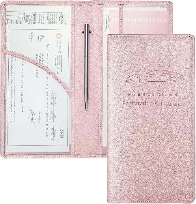 Yarnic Car Registration and Insurance Holder, Pu Leather Car Registration and Insurance Card Holder Car Document Holder for Cards, Essential Document, Driver License (Pink)
